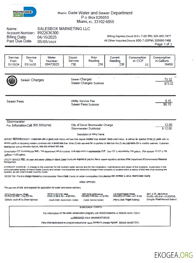 USA Miami Dade utility bill template in Word and PDF formats